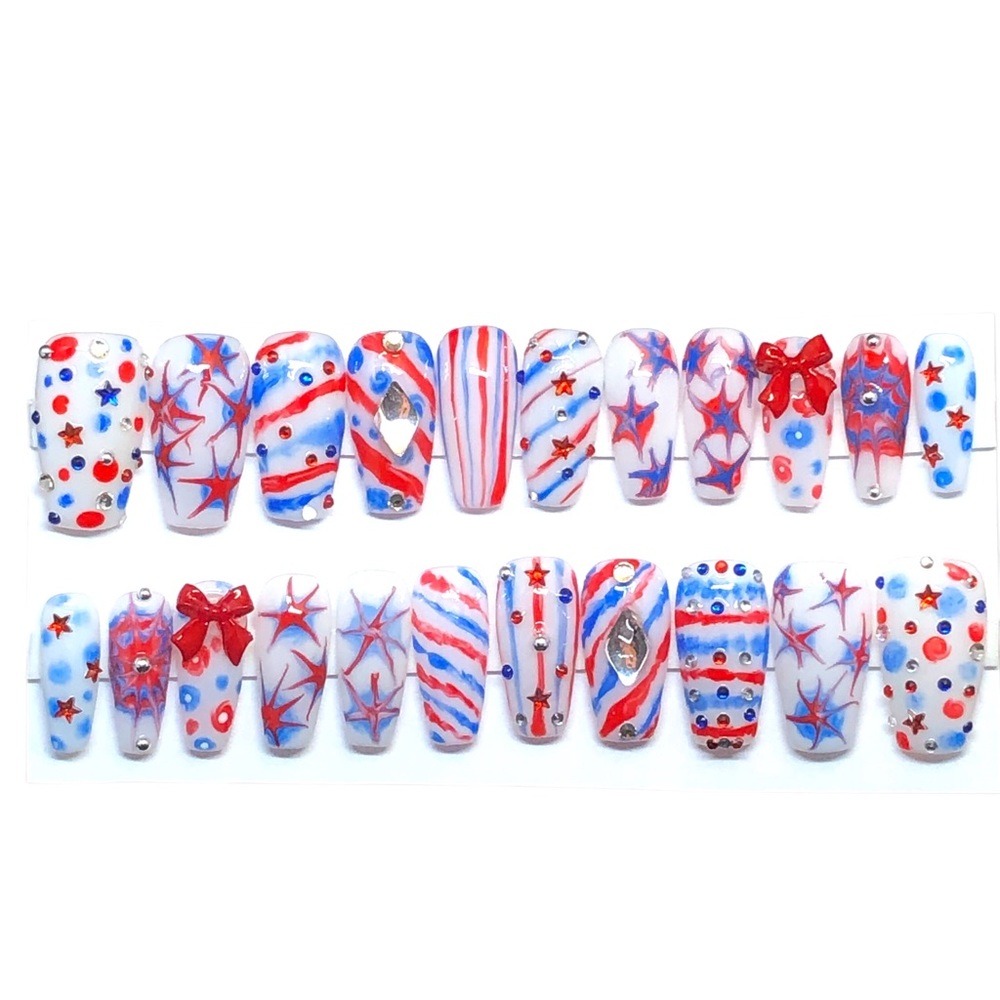 Handmade Custom Press On Nails UV Gel Long Coffin Red White Blue U*S*A